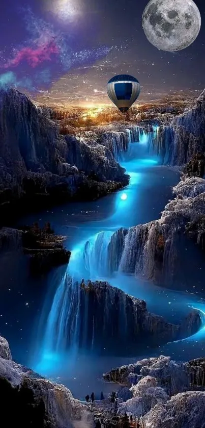 Surreal nighttime scene with blue waterfall and hot air balloon under moonlit sky.