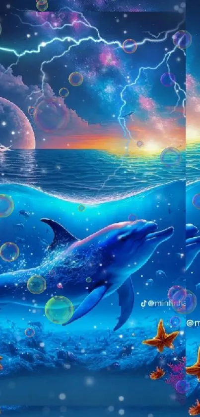 Fantasy ocean wallpaper featuring dolphins and a cosmic sky.