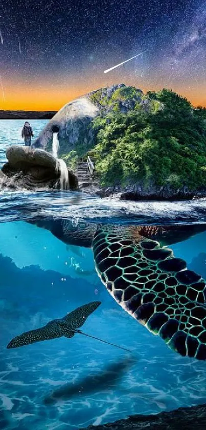 Surreal ocean fantasy with turtle and cosmic sky in artistic wallpaper.