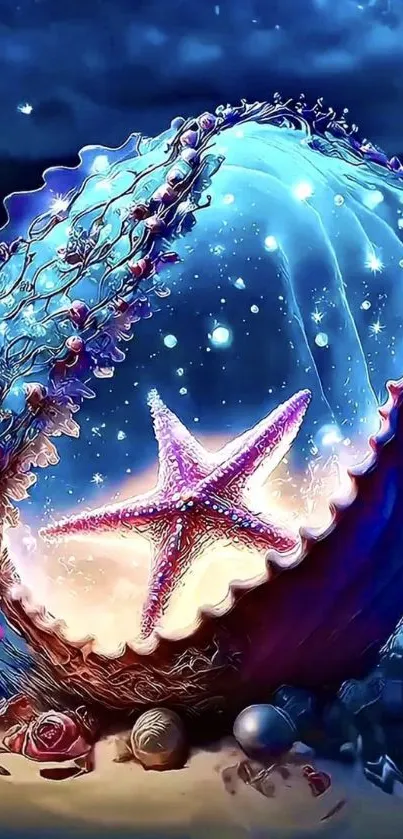 Magical starfish in glowing shell on ocean-themed wallpaper.