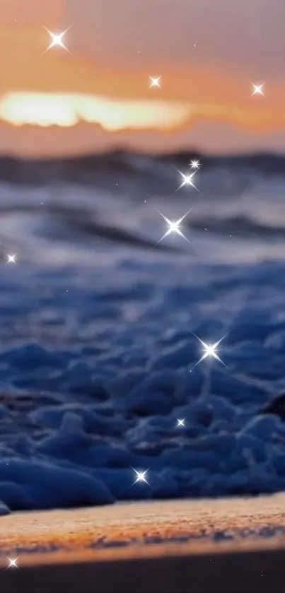 Sparkling ocean waves with sunset and stars.