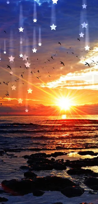 Ocean sunset with stars and birds over the water.