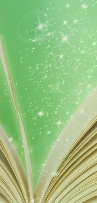 Open book with green sparkles wallpaper.