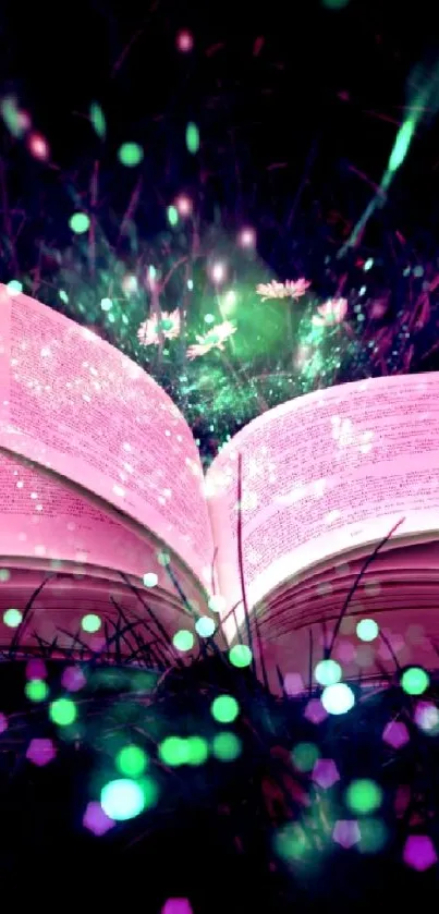 Magical open book glowing with colorful lights.