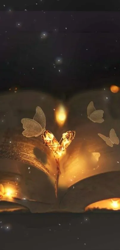 Magical open book with glowing butterflies in a dark night setting.