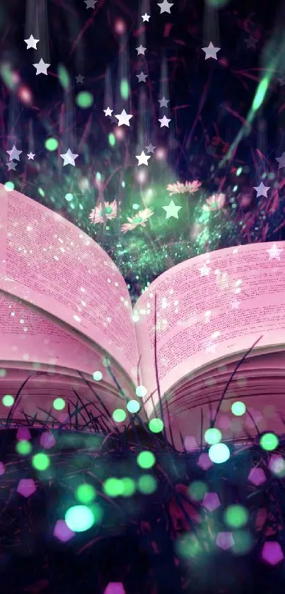 Open magical book in a glowing forest scene.