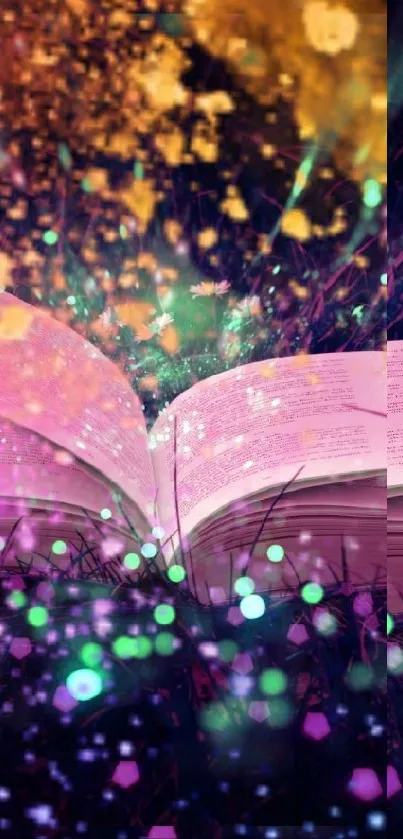 Magical open book with glowing lights wallpaper.