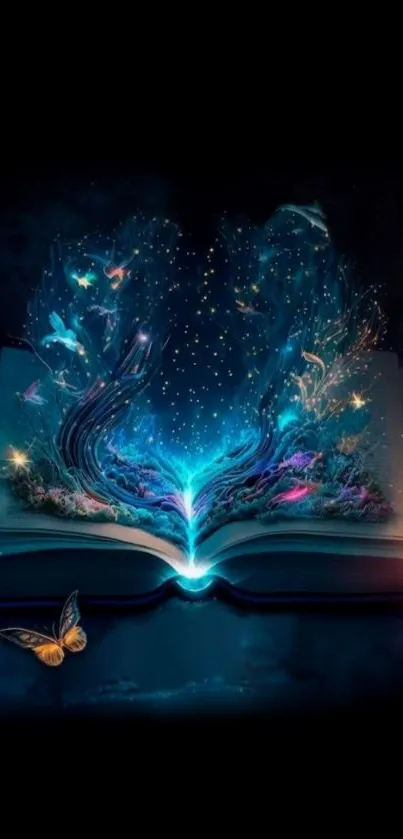 A magical open book with vivid colors and a glowing butterfly in a dark setting.