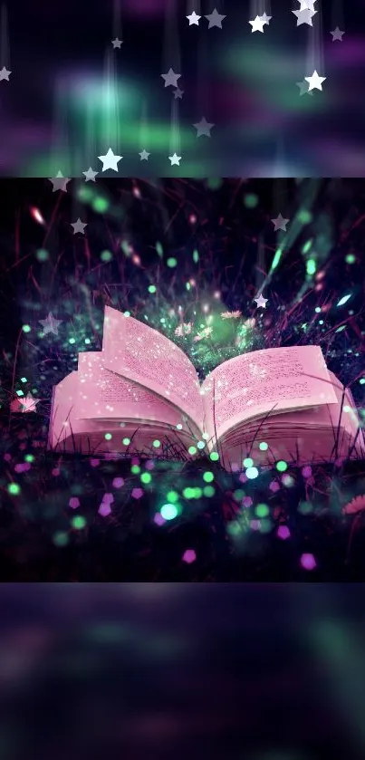 Magical open book with glowing lights and stars on a purple background.