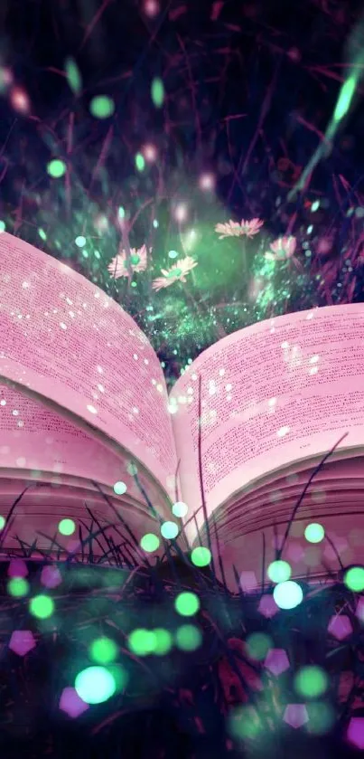 Open book with glowing lights and colorful magical ambiance.