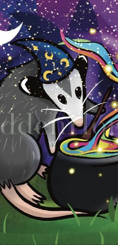 Whimsical opossum in wizard hat with cauldron under a starry night.