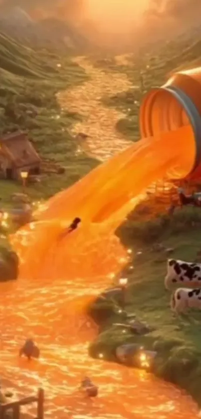 Vibrant orange river flows through idyllic countryside.