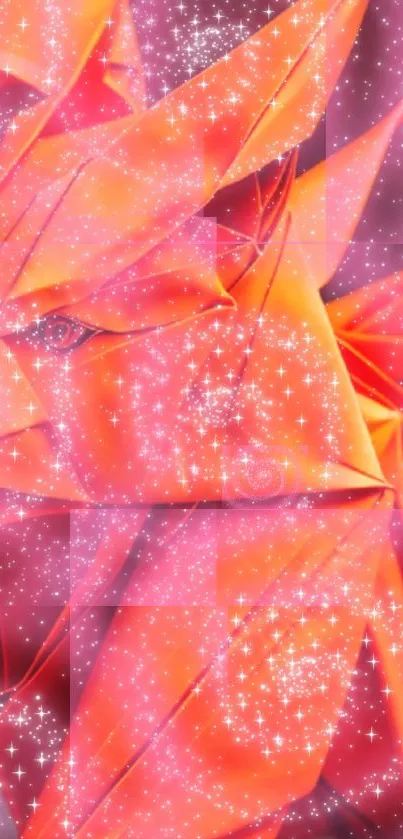 Origami dragon with pink glitter sparkles on a mobile wallpaper.