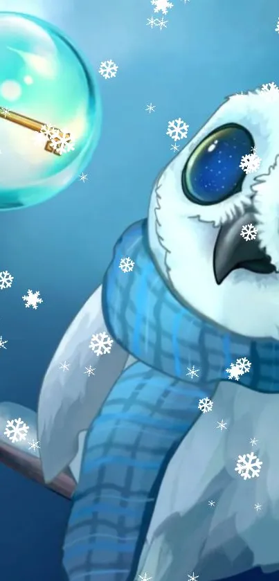 Fantasy owl wearing blue scarf with snowflakes and bubble.