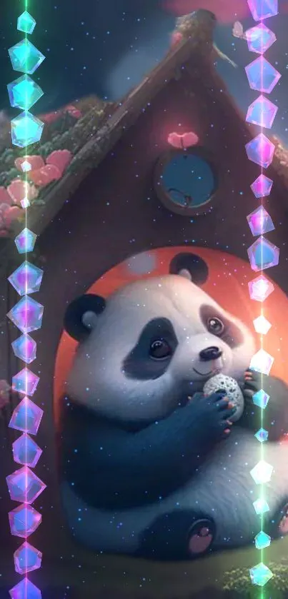 Cute panda in fantasy setting with glowing crystals.