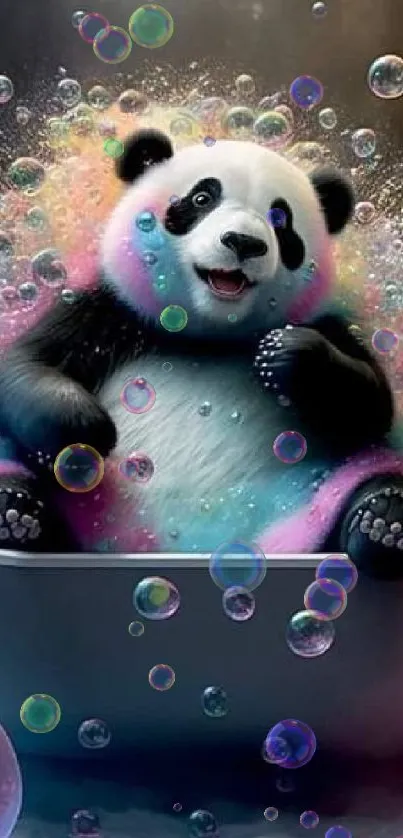 Playful panda in a bathtub surrounded by colorful bubbles.