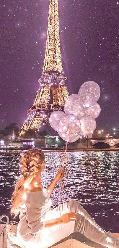 Enchanting Paris night with Eiffel Tower and balloons.