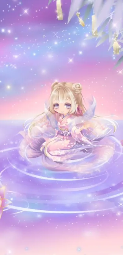 Cute anime character in pastel fantasy scene with flowers.