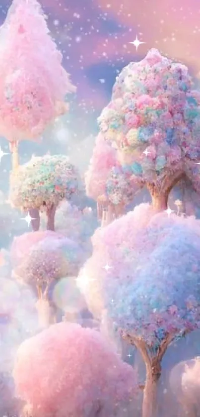 A magical landscape with pastel cotton candy trees against a dreamy sky.