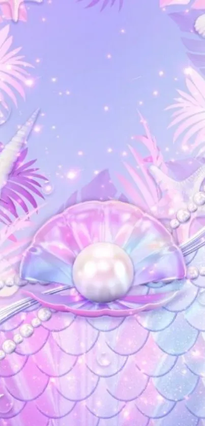 Magical pastel ocean-themed wallpaper with shells and pearls.