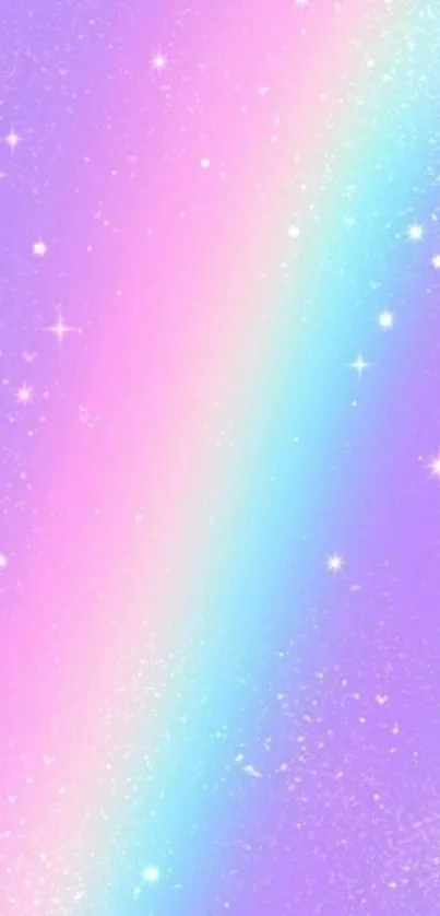 Magical pastel rainbow with stars and glitter on a lavender background.