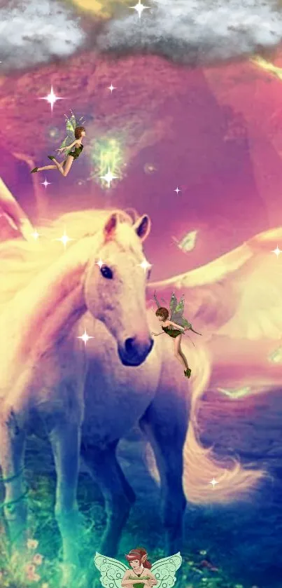 Fantasy wallpaper with pegasus and fairies in a purple dreamscape.