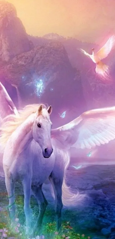 Fantasy Pegasus with wings in a mystical landscape, perfect for mobile wallpaper.