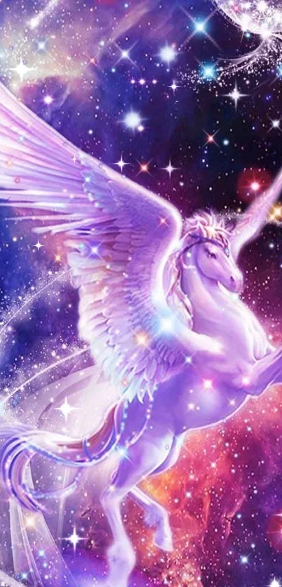 Majestic Pegasus flying through a vibrant galaxy with stars.