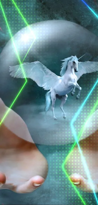 Hands holding a crystal ball with Pegasus inside against a teal background.