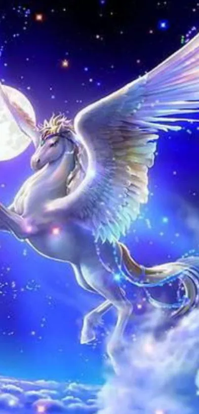 Fantasy Pegasus flies through a starry blue night sky, illuminating the clouds.