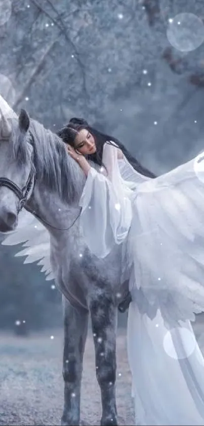 Magical Pegasus with ethereal wings against a misty forest backdrop.