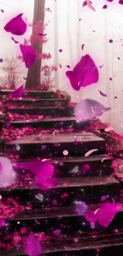 Misty forest staircase with magenta petals