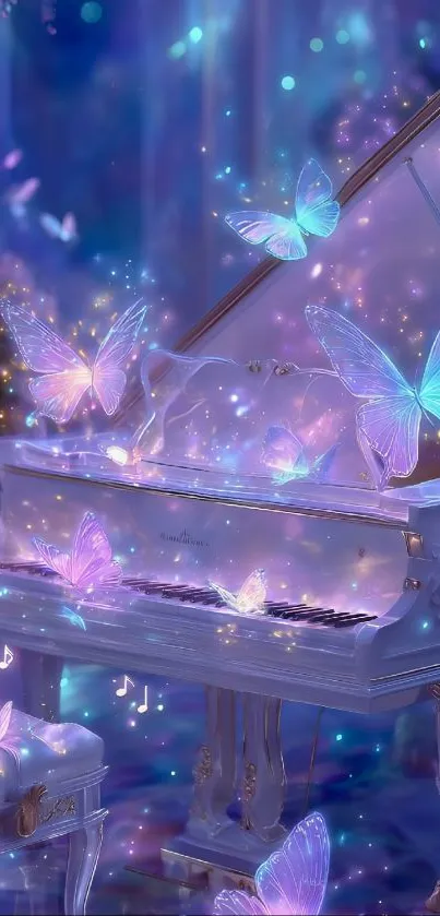 Magical piano with glowing butterflies in a dreamy setting.