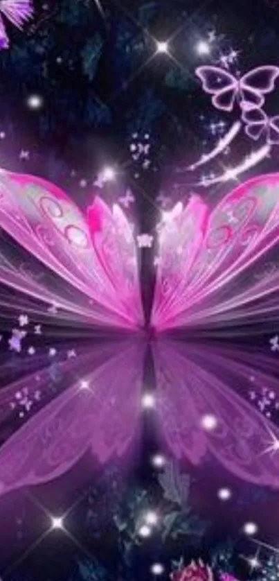 Magical pink butterfly with cosmic flair and starry background.