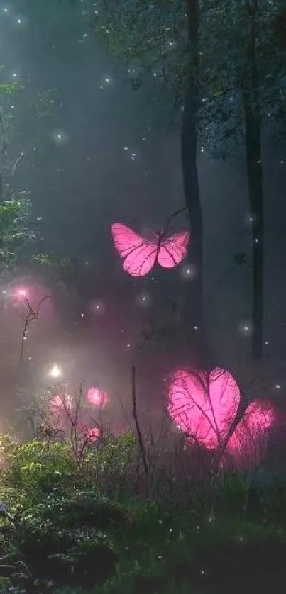 Magical forest with glowing pink butterflies at night.