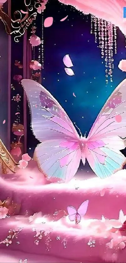 Enchanting pink butterfly in a magical night setting with floral details.