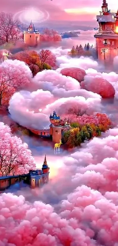 Enchanting pink castle with clouds and blossoms in dreamscape wallpaper.