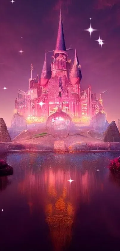 Enchanting pink castle with reflection in serene waters, set in a fantasy landscape.