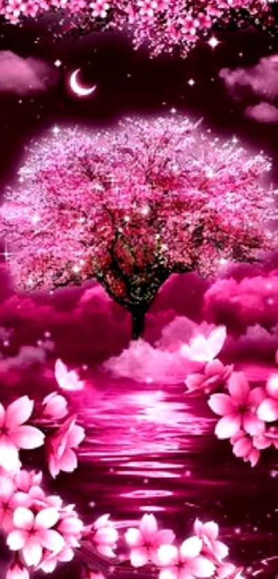 Pink cherry blossom tree in moonlit water under a dreamy night sky.