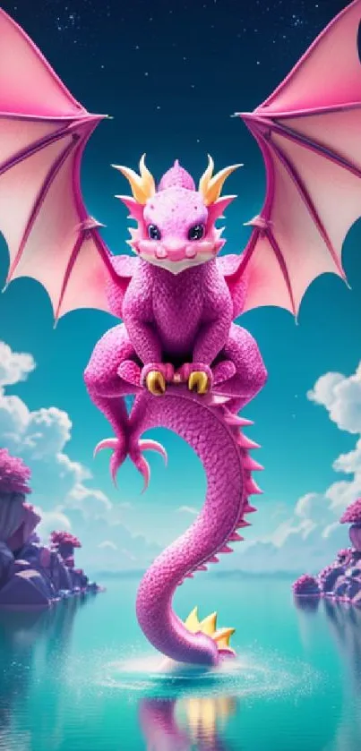 A vibrant pink dragon flying over a serene, magical landscape with clouds and water.