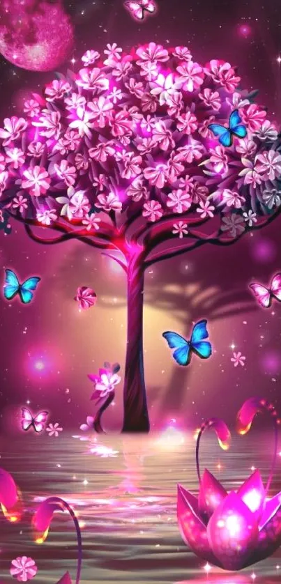 Colorful pink tree and butterflies wallpaper in a magical night setting.