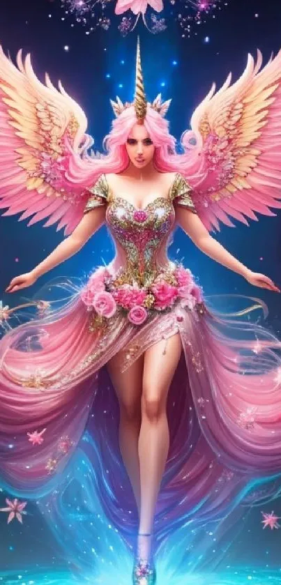 Magical pink fairy with golden wings and floral accents in mystical art.