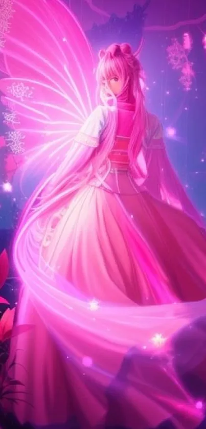 Magical pink fairy phone wallpaper with glowing wings in a fantasy setting.