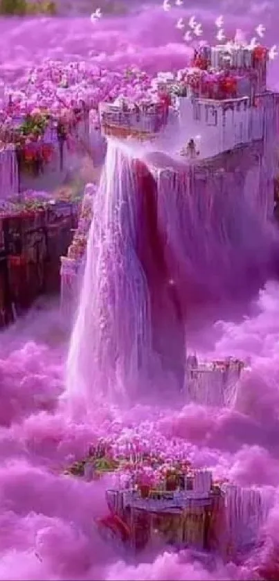 Magical pink fantasy landscape with waterfalls and clouds.