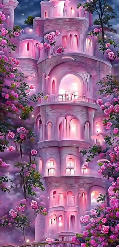 Fantasy pink towers under a moonlit starry sky surrounded by lush roses.