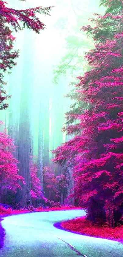 A winding path through a pink-hued forest landscape.