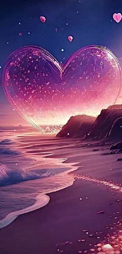 Pink heart and sunset beach scene with magical glowing lights.