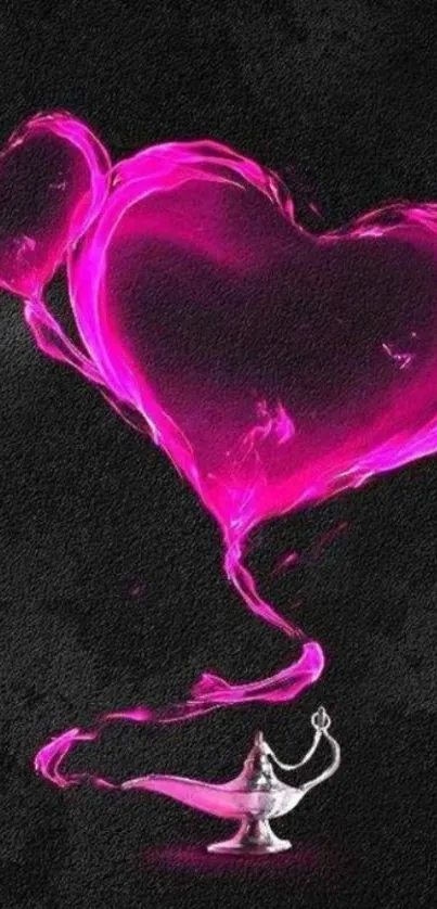 Magical pink hearts from lamp on dark background.