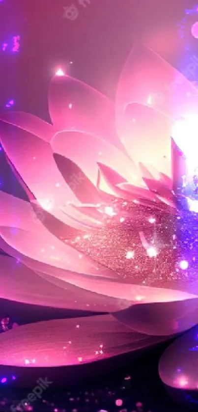 Enchanted glowing pink lotus flower with sparkling effects.