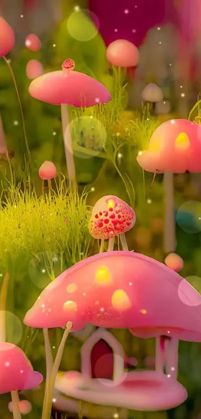 Whimsical pink mushrooms glowing in a magical forest setting.